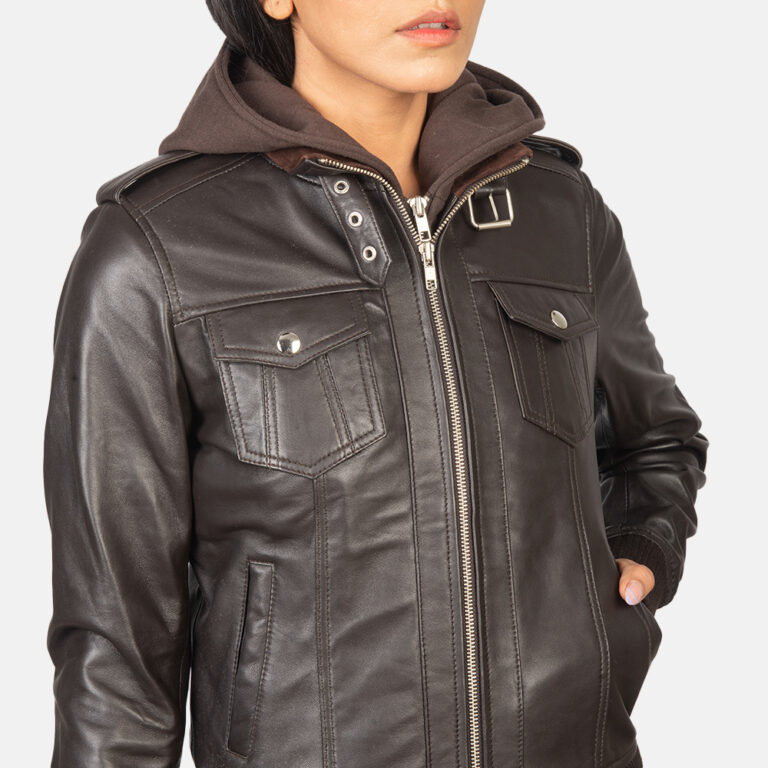 Womens Roslyn Brown Hooded Leather Bomber Jacket Close-Up-9-1652193102639